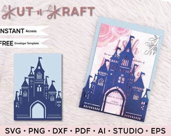 5X7 Fairy Tale Castle Carriage Princess Laser Cut Invitation Template for Wedding Quinceanera Birthday Sweet 16 Svg AI Eps Silhouette Cricut