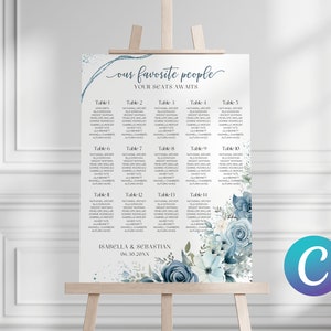 Tabella dei posti a sedere per matrimoni di grandi dimensioni blu polvere, modello di tela floreale di peonie blu polvere, elegante set di acquerelli romantici semplici e moderni minimalisti