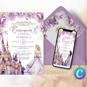 Conto de fadas Castelo Princesa Quinceanera Convite Modelo Lavanda para Quinceanera, Quince Invitation Digital, convites de quinceanera