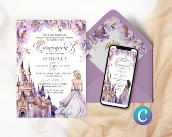 Fairy Tale Castle Princess Quinceanera Invitation Lavender Template for Quinceanera, Quince Invitation Digital, invitaciones de quinceanera