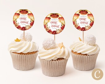 Mehndi Red Gold Editable Cupcake Cake Topper Canva Template, Indian Haldi Printable Party Decoration with Umbrella Mehndi & Haldi IP0002