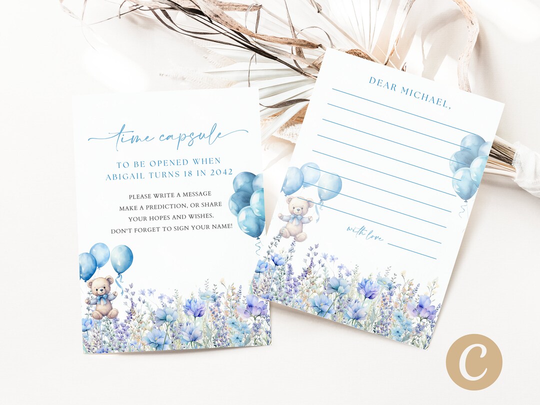 Editable Blue Beary First Birthday Time Capsule Canva Template, Blue ...