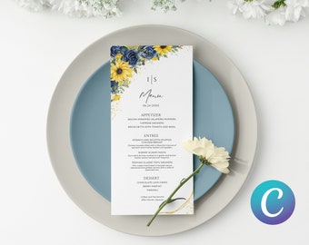 May include: A wedding menu card with a floral design featuring sunflowers and blue flowers. The menu includes appetizers, entrees, and desserts. The text on the card reads "S1 Menu 06.24.20XX".