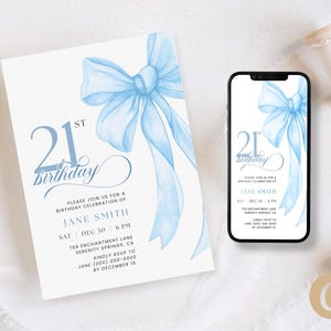 Invitación de cumpleaños número 21 con lazo azul para niñas y niños. Descarga digital RSVP con lazo azul coqueto para ella. Plantilla Canva editable BP0095.