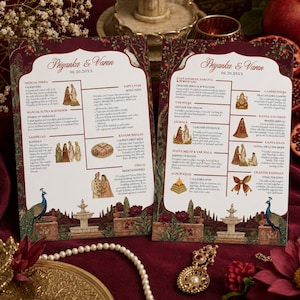 May include: Two rectangular wedding programme cards with a deep burgundy border featuring botanical illustrations, a fountain, and a peacock. The text reads Priyanka & Varun 06.20.20XX, detailing various wedding rituals with small illustrative icons.