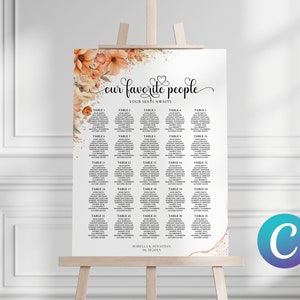Modello in tela per grafico dei posti a sedere di grandi dimensioni per matrimonio floreale acquerello pesca Fuzz, poster per la disposizione dei posti a sedere degli ospiti floreali modificabili e stampabili eleganti