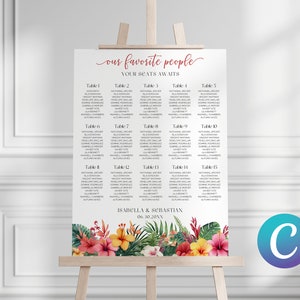 Modello di tabella dei posti a sedere per matrimonio di destinazione per tela, tabella dei posti a sedere floreali tropicali per matrimonio, tabella dei posti a sedere eleganti, tabella dei posti a sedere modificabili