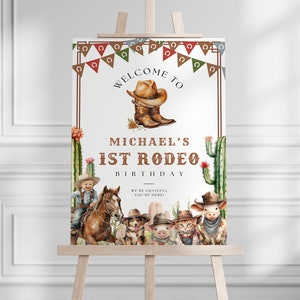 Modèle sur toile modifiable pour mon premier anniversaire de rodéo, décorations de panneau de 1ère fête sur le thème du rodéo de cow-boy marron à télécharger BP0068
