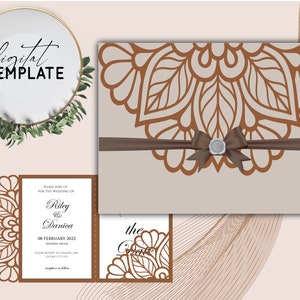 Puede incluir: Una invitación de boda cortada con láser con un diseño de mandala marrón. La invitación está doblada por la mitad y tiene una cinta marrón con un lazo plateado. El texto de la invitación dice "Por favor, únase a nosotros para la boda de Riley & Danica el 08 de febrero de 2022".