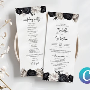 Könnte beinhalten: Elegante Hochzeitskarten mit schwarz-weißen floralen Akzenten. Die Karten zeigen die Namen der Hochzeitsgesellschaft, Zeremoniedetails und die Namen des Brautpaares. Das Design enthält den Text "wedding party" und "the ceremony".