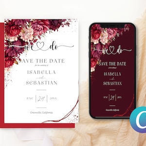 Burgunderrote Hochzeit Save the Date Einladung, Dahlie Chrysantheme Pfingstrosen Floral elegante moderne romantische minimalistische Canva Vorlage einladen