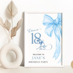 Letrero de bienvenida con lazo azul para niña de 18 años, diseño de lazo de croqueta, decoración para fiesta de 18 años, descarga digital, plantilla editable BP0105