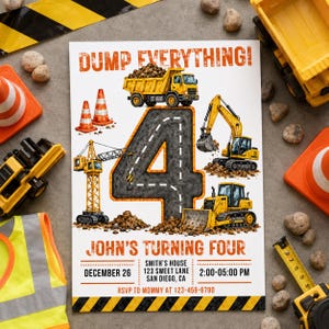 Construction Birthday Invitation Template, Dump Truck Party Invite, 4th Birthday Invitation for Boy, Digger Excavator Party, Canva Template
