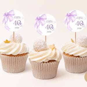 Decorazione per cupcake con fiocco viola per il 40° compleanno, per bambine e bambini, decorazione per cibo con fiocco lilla per crocchette, modello modificabile per dispositivi mobili BP0111