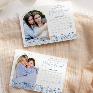 Editável Dusty Blue Wildflower Meadow Calendar Proposta Modelo de cartão de dama de honra, Você será minha dama de honra, dama de honra florista svg