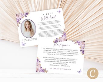 Purple Floral Butterfly Funeral Thank You Card with Picture Canva Template for Woman, Editable Memorial Service Card Photo Digital FS0001