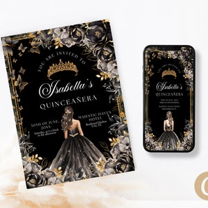 Black Gold Floral Butterfly Princess Quinceanera Invitations Canva Template for Quinceanera, Black Gold Floral Quince Invite Digital QB0027