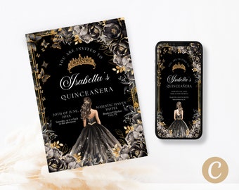 Black Gold Floral Butterfly Princess Quinceanera Invitations Canva Template for Quinceanera, Black Gold Floral Quince Invite Digital QB0027