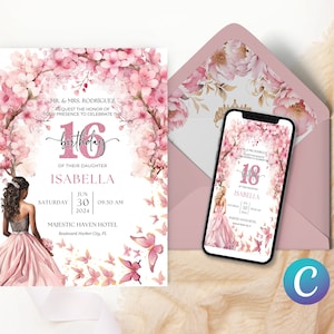 Kersenbloesem bloementhema uitnodiging, prinses vlinder verjaardag sjabloon, tuin roze meisje uitnodigen elegante grillige betoverende afdrukbare