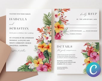 Tropical Floral Wedding Invitation Canva Template, Digital Wedding Invitation, Invitation Suite, Invitation Set, Destination Wedding Invite