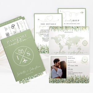 Modèle sur toile d'invitation de passeport vert sauge avec carte d'embarquement et réservez la date, lot de faire-part de mariage à destination sur le thème du voyage WP0026