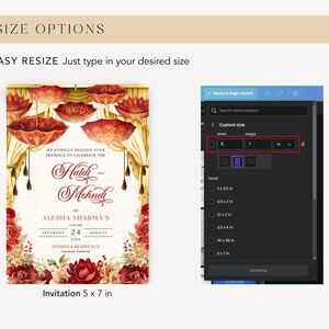 K&ouml;nnte beinhalten: Eine anpassbare Einladungsvorlage mit einem roten, goldenen und wei&szlig;en Farbschema. Die Einladung zeigt ein florales Design mit h&auml;ngenden Laternen und den Text "Haldi and Mehndi of Ayesha Sharma's" mit Datum und Uhrzeit der Veranstaltung. Das Bild zeigt einen Screenshot eines Gr&ouml;&szlig;en&auml;nderungstools mit den Dimensionen 5 Zoll mal 7 Zoll.