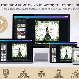 May include: A digital design template for a Quincea&ntilde;era invitation. The design features a green dress with gold accents, white flowers, and the text "Save the Date" and "Isabella Garcia Quincea&ntilde;era". The template can be edited and printed from home using a laptop, tablet, or phone.