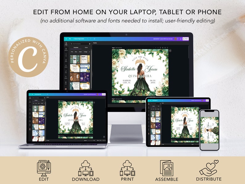 May include: A digital design template for a Quincea&ntilde;era invitation. The design features a green dress with gold accents, white flowers, and the text "Save the Date" and "Isabella Garcia Quincea&ntilde;era". The template can be edited and printed from home using a laptop, tablet, or phone.