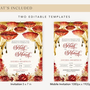 Mehndi Einladung Rotgold Blumen bearbeitbare Canva Vorlage für indische Hochzeit, Haldi einladen mit Regenschirm Mehndi Dekor und Haldi Dekor IP0002 Bild 3