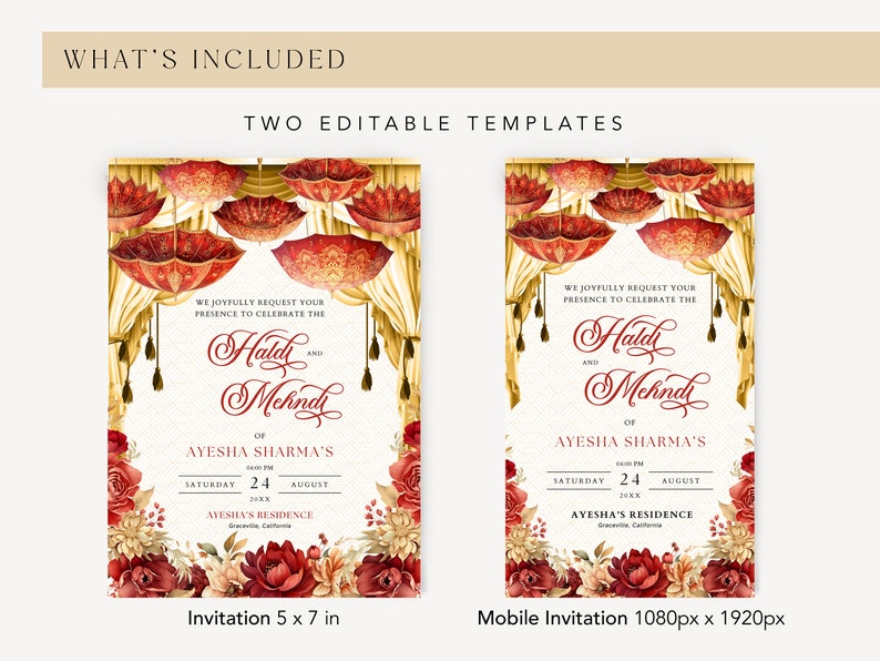 Mehndi Einladung Rotgold Blumen bearbeitbare Canva Vorlage für indische Hochzeit, Haldi einladen mit Regenschirm Mehndi Dekor und Haldi Dekor IP0002 Bild 3