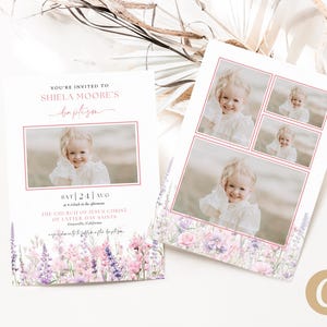 May include: A baptism invitation with a floral border and a photo of a baby girl. The invitation says "You're invited to Shiela Moore's baptism" and "Sat | 24 | Aug at 4 o'clock in the afternoon The Church of Jesus Christ of Latter Day Saints Greenville, California  Reception to follow after baptism"