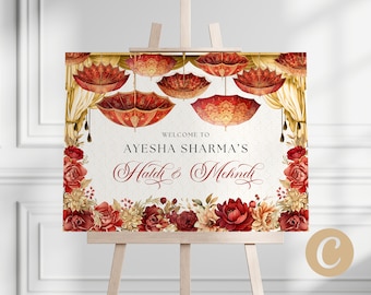 Mehndi Welcome Sign Red Gold Editable Canva Template for Indian Wedding, Haldi Welcome Poster, Umbrella Mehndi Decor and Haldi Decor IP0002