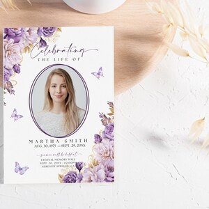 Puede incluir: Una tarjeta de memoria blanca con un dise&ntilde;o floral morado y una foto de una mujer. El texto dice "Celebrating the Life of Martha Smith Aug. 30, 1975 - Sept. 29, 20XX You will be held at Eternal Memory Hall Sept. 10, 20XX 02:00PM Serenity Springs, GA"