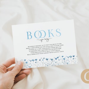 Modèle modifiable bleu minimaliste de livres pour carte de bébé sur toile pour baby shower, encart de demande de livre moderne fleurs sauvages bleues, sexe garçon BS0001