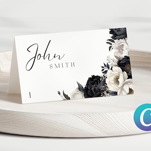 Elegante plantilla de tarjeta de nombre de boda floral en blanco y negro moderno, soporte de tarjetas de lugar simple minimalista, descarga digital, borde de flores florales