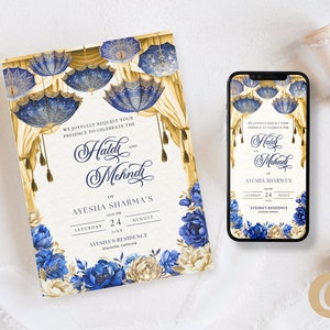 Invitation Mehndi, modèle floral sur toile modifiable or bleu pour mariage indien, invitation haldi avec parapluie, décoration Mehndi et décoration haldi IP0004
