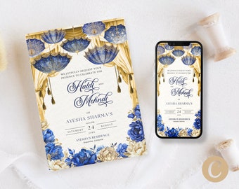 Mehndi Einladung Blau Gold Blumen bearbeitbare Canva Vorlage für indische Hochzeit Haldi einladen mit Umbrella Mehndi Decor und Haldi Decor Ip0004