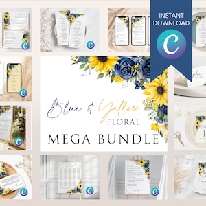 Puede incluir: Un paquete de papelería de boda imprimible descargable digitalmente con un diseño floral azul y amarillo. El paquete incluye invitaciones, tarjetas de guardar la fecha, números de mesa, una línea de tiempo de la boda y más.