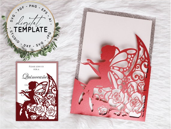 5X7 Floral Fairy Invitation Template Laser Cut Pocketfold  for Wedding, Quinceanera, Birthday, Sweet 16 Svg, AI Eps, Dxf, Silhouette, Cricut