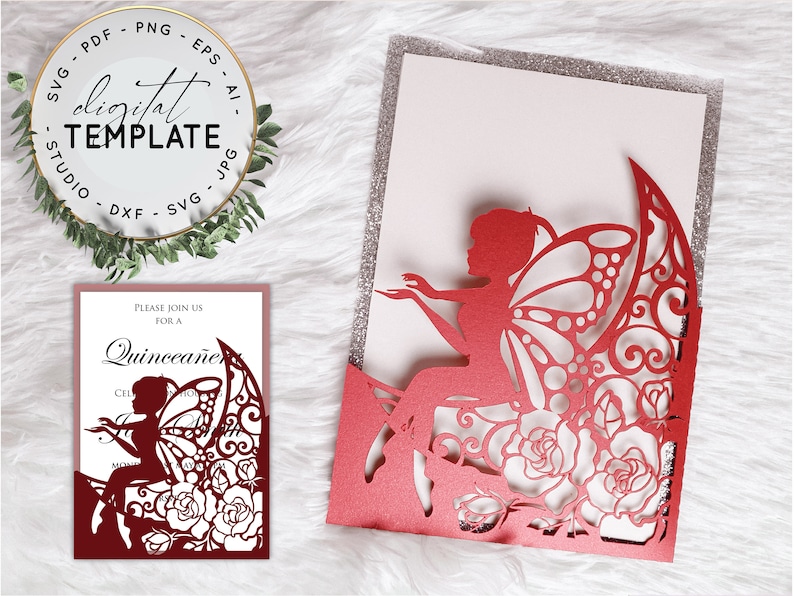 May include: Red laser cut invitation with a fairy design. The fairy is sitting on a crescent moon with roses and leaves. The text on the invitation says "Please join us for a Quincea&ntilde;era".