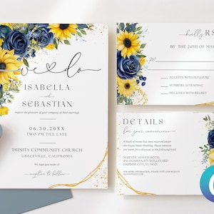 Invito a nozze blu navy e giallo senape, modello floreale acquerello di peonie di girasole, tela semplice minimalista romantica moderna elegante