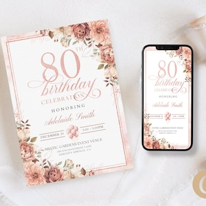 80er Jahre Rose Gold Blumen Geburtstag Party Einladung Canva Vorlage für Mutter Oma, elegante 80 Jahre geliebte Octogenrian Mobile Invite BP0051
