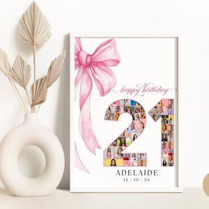Póster de collage de fotos de cumpleaños número 21 con lazo rosa para niñas, cartel de fiesta con foto de número 21, regalo para su familia, digital BP0084