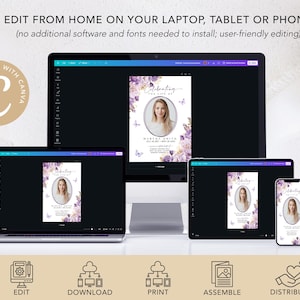 Puede incluir: Una maqueta digital de una plantilla de tarjeta conmemorativa floral de color morado y blanco con un espacio reservado para una foto. El texto de la tarjeta dice "Celebrating a Life Well Lived". La imagen muestra la plantilla siendo editada en una computadora port&aacute;til, una tableta y un tel&eacute;fono. El texto "Personalized with Canva" est&aacute; en la esquina superior izquierda de la imagen.