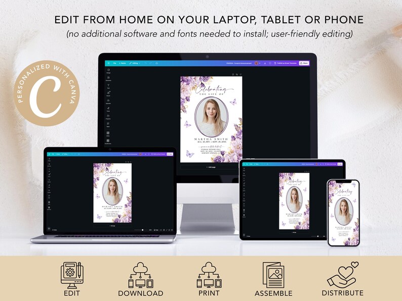 Puede incluir: Una maqueta digital de una plantilla de tarjeta conmemorativa floral de color morado y blanco con un espacio reservado para una foto. El texto de la tarjeta dice "Celebrating a Life Well Lived". La imagen muestra la plantilla siendo editada en una computadora port&aacute;til, una tableta y un tel&eacute;fono. El texto "Personalized with Canva" est&aacute; en la esquina superior izquierda de la imagen.