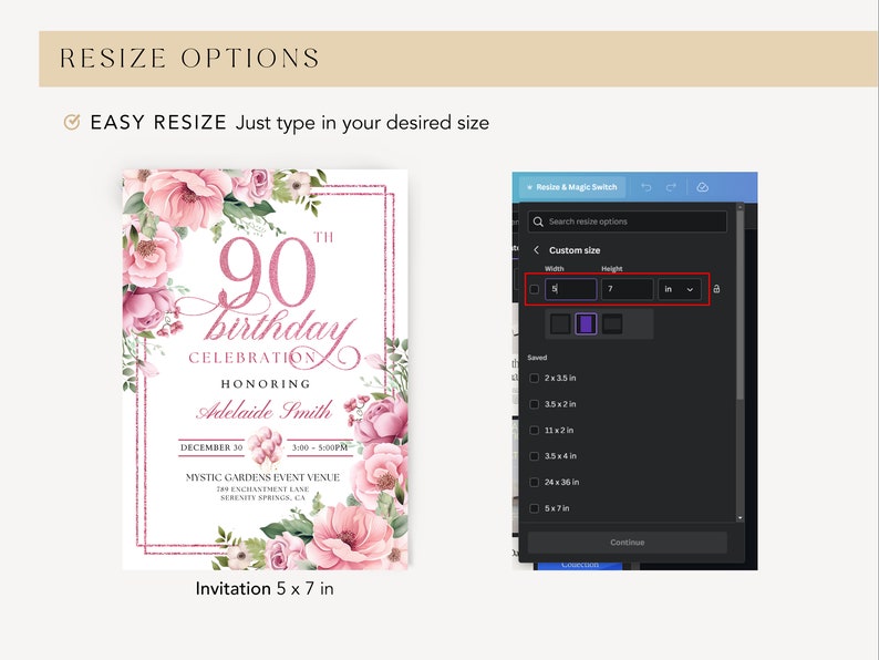 Peut inclure: Une invitation florale rose et blanche avec des accents dor&eacute;s pour une c&eacute;l&eacute;bration de 90e anniversaire. L'invitation mesure 12,7 cm de large sur 17,8 cm de haut. Le texte sur l'invitation est le suivant : "90e anniversaire C&eacute;l&eacute;bration en l'honneur d'Adelaide Smith 30 d&eacute;cembre 15h00-17h00 Mystic Gardens Event Venue The Enchantment Lane Serenity Springs, CA"