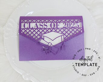 5X7 2025年度卒業式招待状ポケット折り封筒テンプレート（卒業式用）SVG、AI EPS、DXF、シルエットカメオ、クリカット