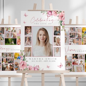 Editable Pink Floral Funeral Welcome Sign Photo Board for Woma Template, Simple Celebration of Life Memorial Service Photo Collage FS0004