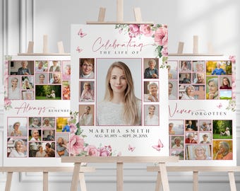 Editable Pink Floral Funeral Welcome Sign Photo Board for Woma Template, Simple Celebration of Life Memorial Service Photo Collage FS0004