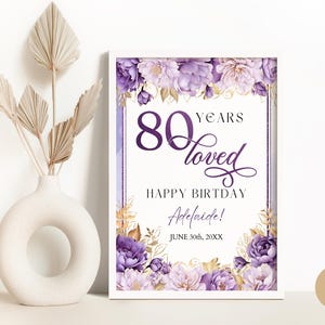80th Birthday Welcome Sign Template for Mother Grandma Lilac Purple Floral 80 Years Loved Octogenarian Birthday Party Welcome Poster BP0121